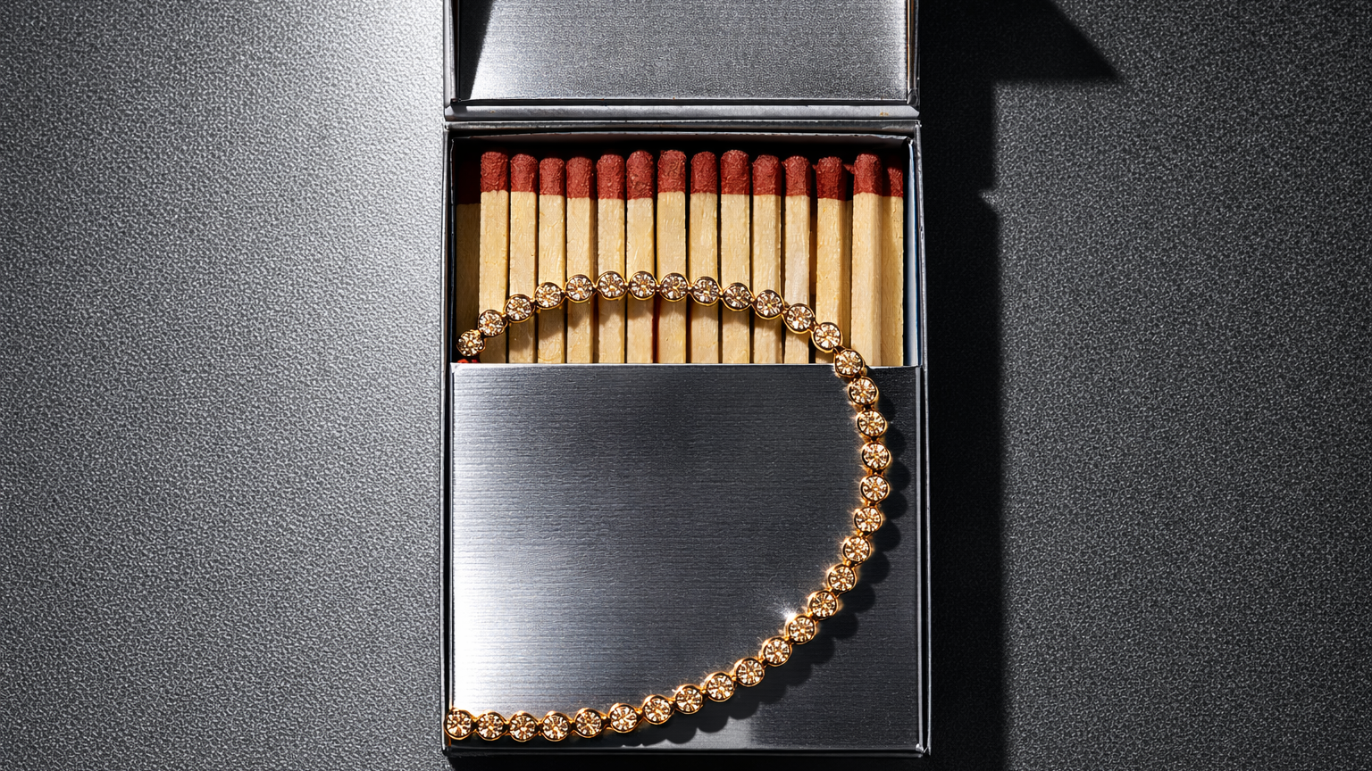 Champagne coloured lab diamond brilliant cut tennis bracelet resting on a metallic matchbox 