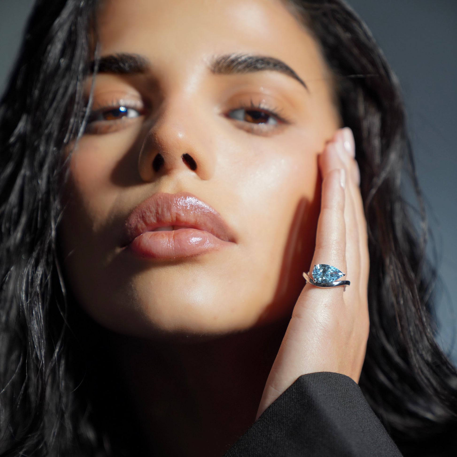 Drift Float Ring with blue pear-cut, 3 carat lab-grown diamond in clean 18k white-gold setting