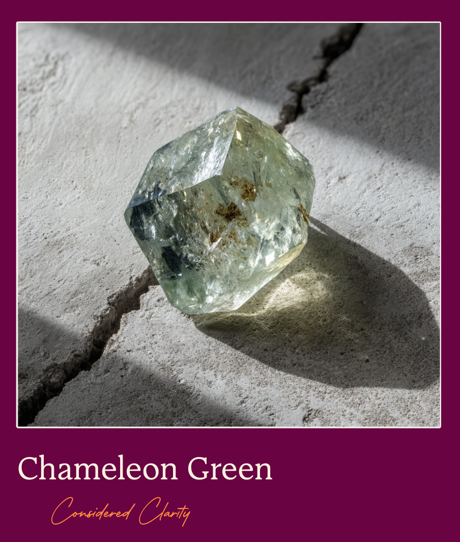 Chameleon Green rough diamond representing Considered Clarity. Candy by Shaina green lab-diamond colour. 