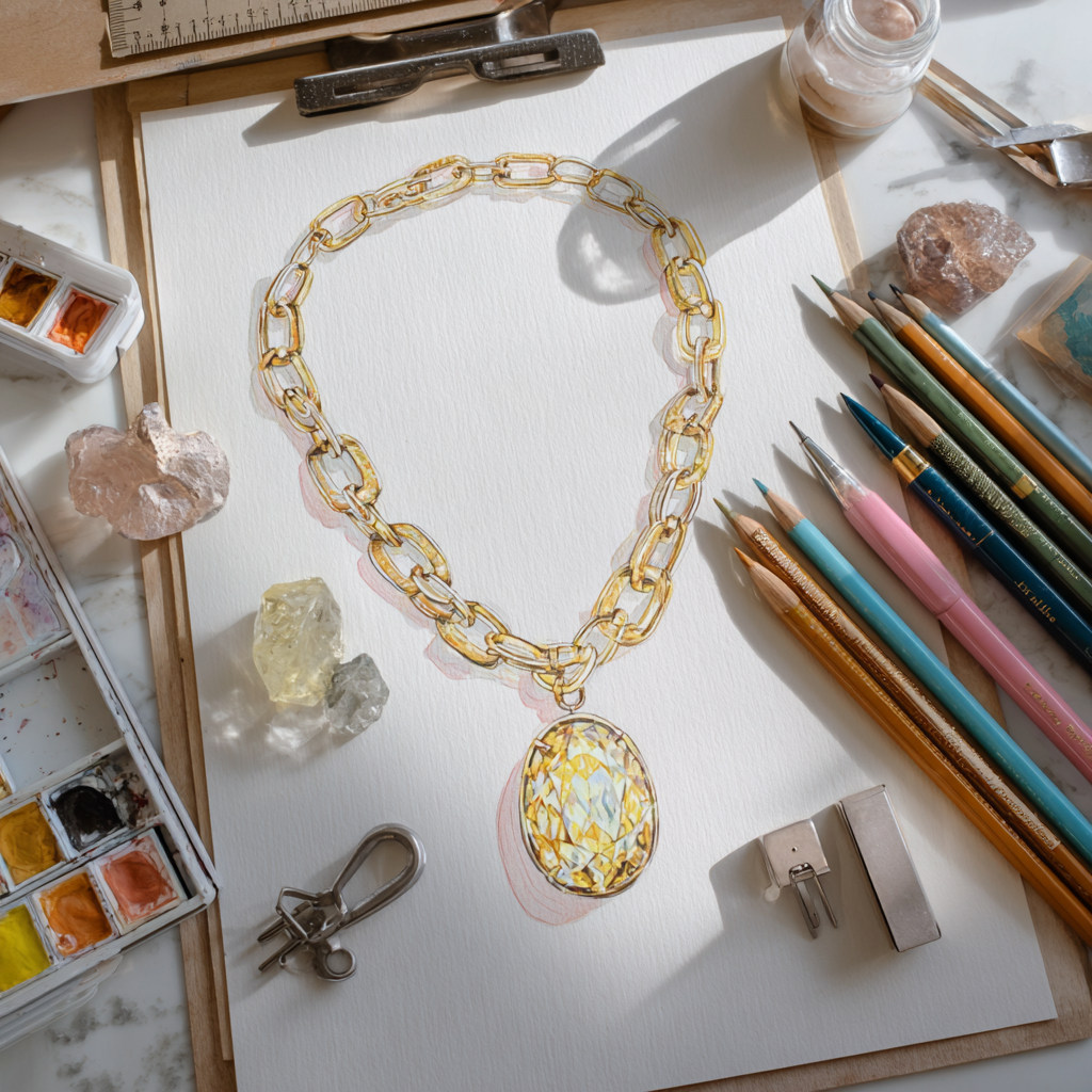 Custom jewellery design process visual, sketch of yellow oval lab-diamond set in a chunky cuban chain. 