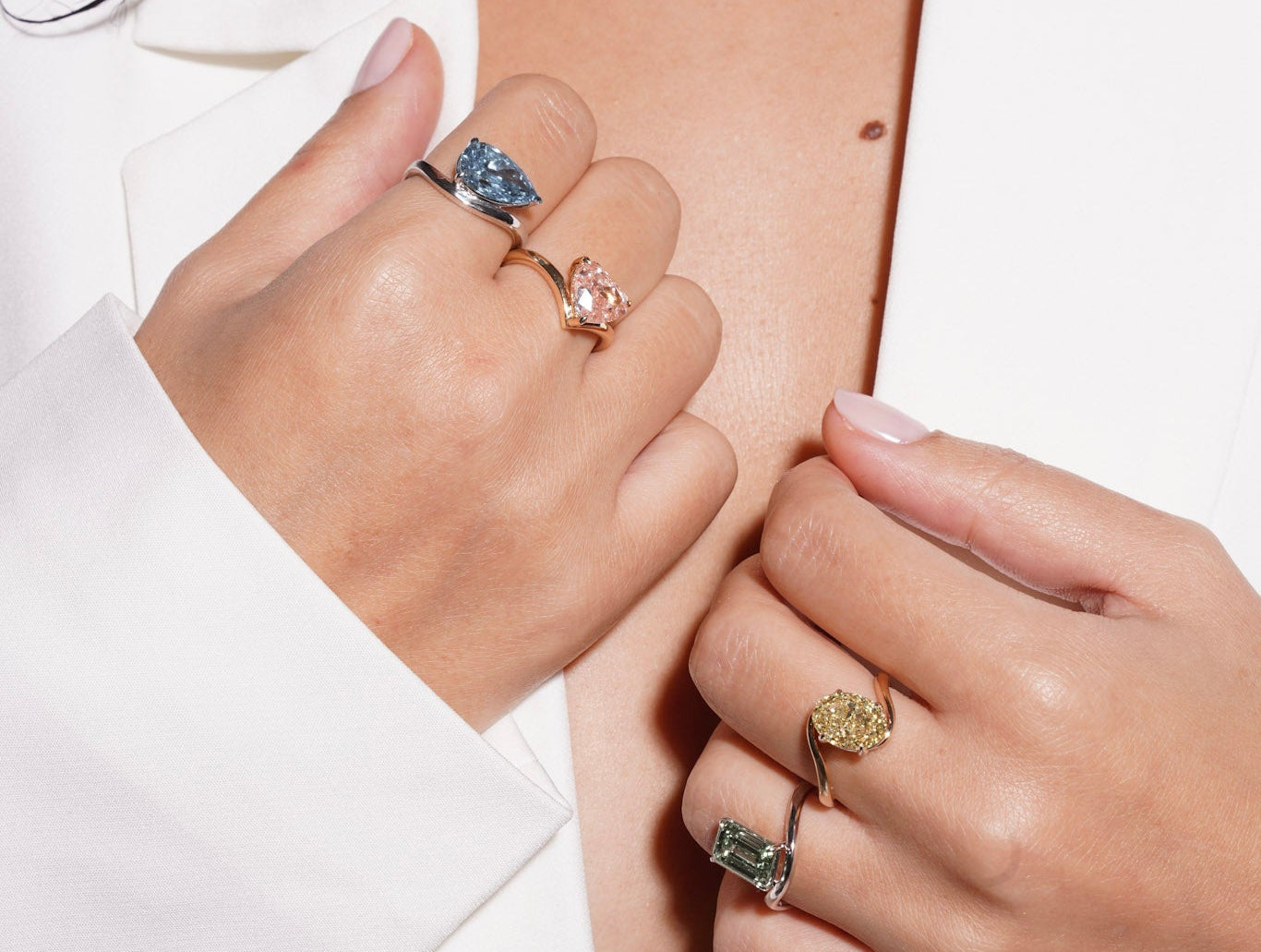 Candy by Shaina model close up of the Float Collection coloured lab-grown diamond rings